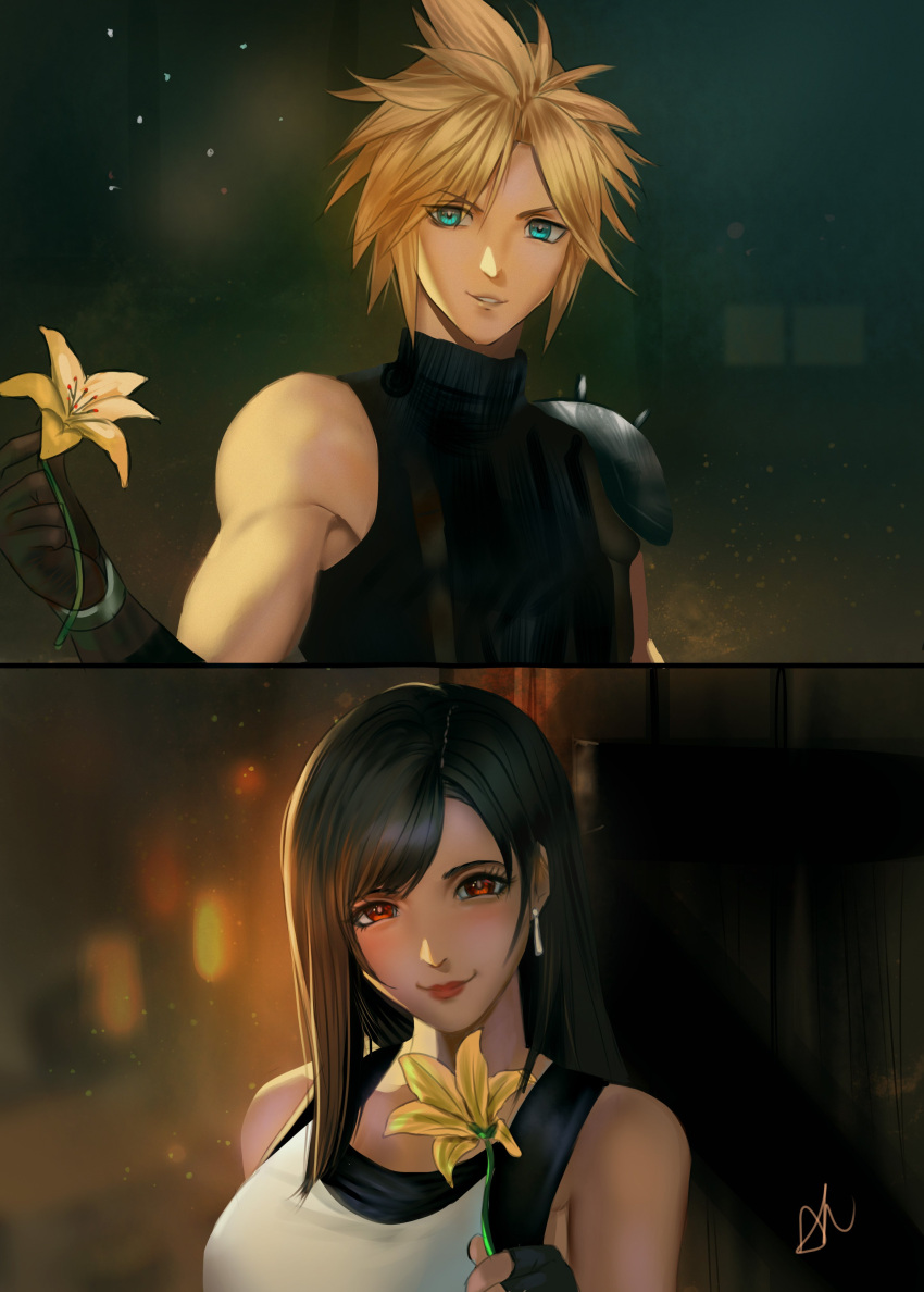 1boy, 1girl, absurdres, arialla_draws, armor, bare_shoulders, black_gloves, black_hair