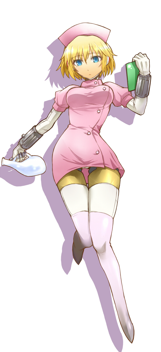 1girl, aegis, alternate_costume, android, blonde_hair, blue_eyes, female, hat