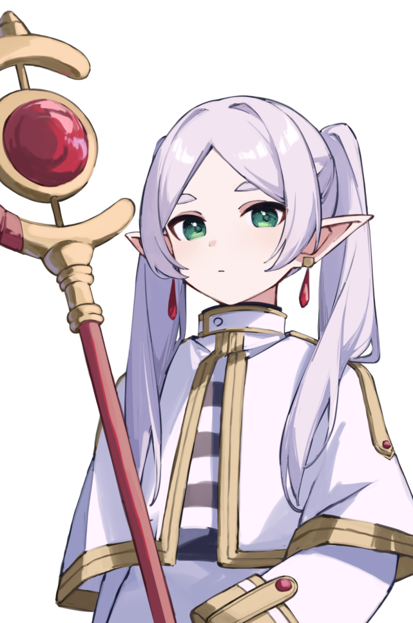 1girl, :|, capelet, closed_mouth, dress, elf, expressionless, frieren