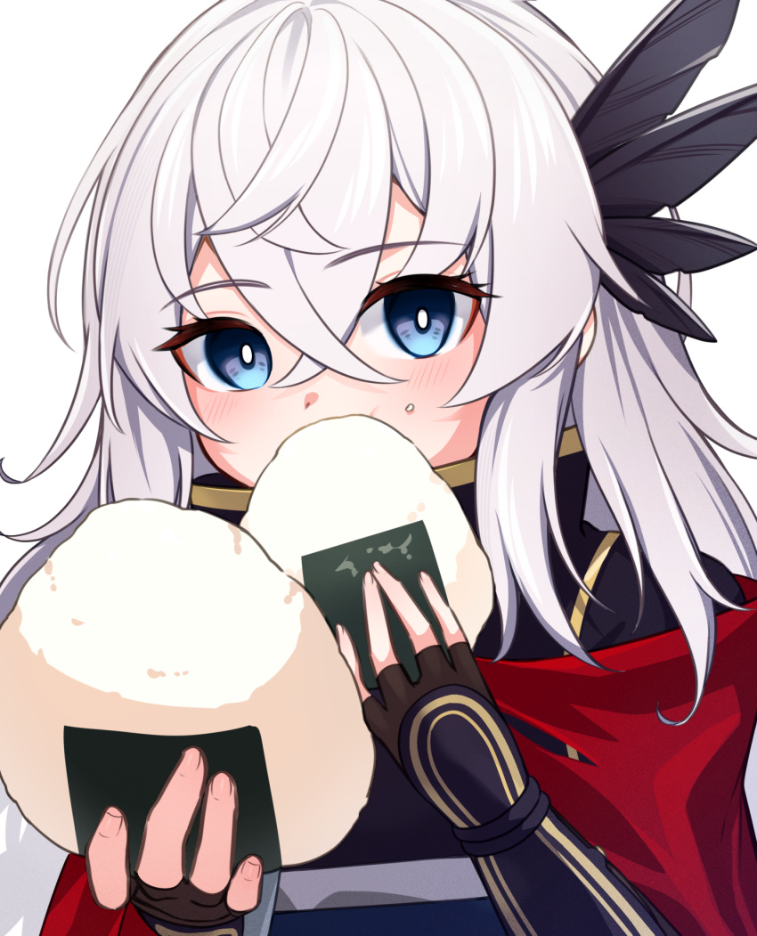 1girl, blue_eyes, bright_pupils, eating, fate/grand_order, fate_(series), feather_hair_ornament, feathers