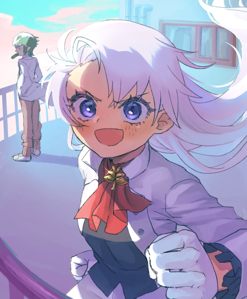 1boy, 1girl, ascot, black_shirt, gloves, green_hair, hands_in_pockets, highres, jacket, kawai_tell, long_hair, looking_at_viewer, mutsuba_asaka, open_mouth, red_ascot, shirt, violet_eyes, white_gloves, white_hair, white_jacket, yu-gi-oh!, yu-gi-oh!_go_rush!!, yuzutaroman