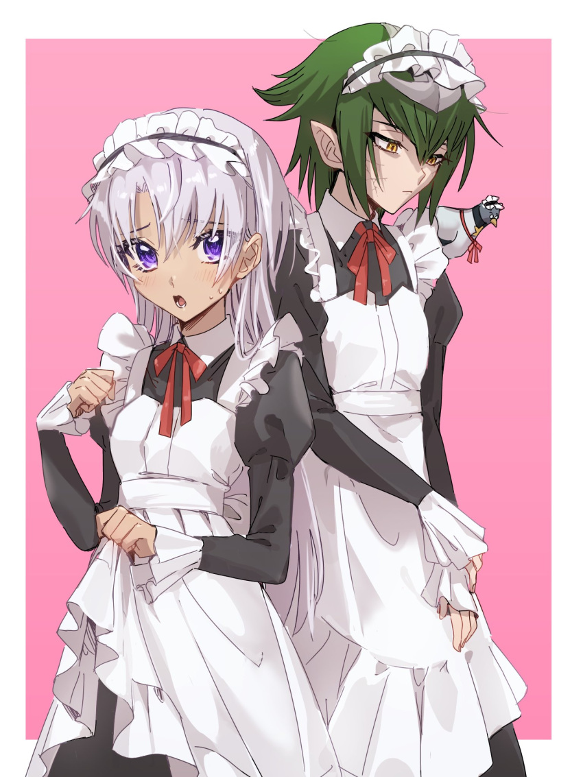 1boy, 1girl, apron, badrap, bird, crossdressing, green_hair, highres