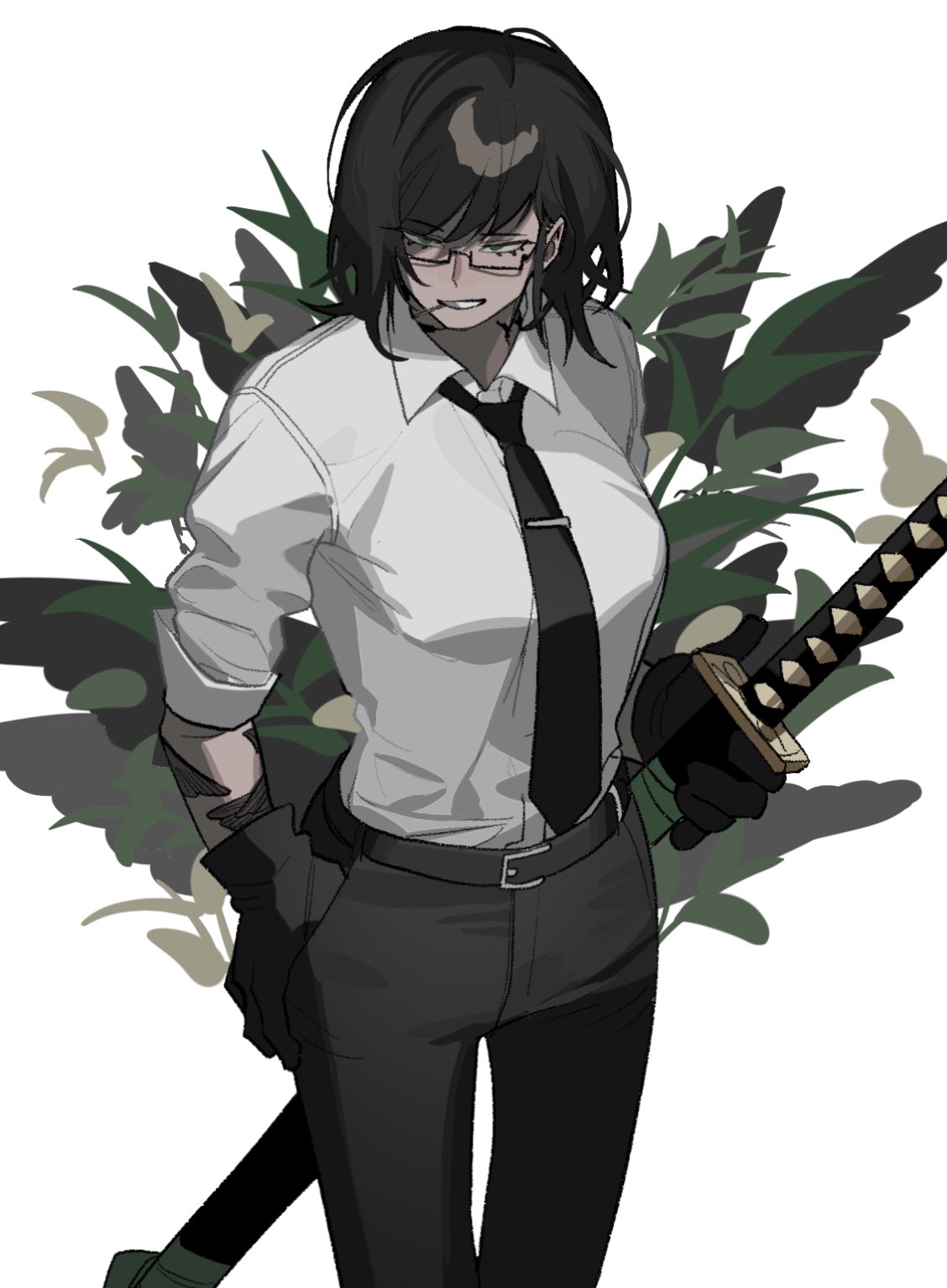 1girl, black-framed_eyewear, black_gloves, black_hair, black_necktie, black_pants, collared_shirt, cowboy_shot, glasses, gloves, green_eyes, grey_shirt, grin, hand_in_pocket, hand_up, highres, holding, holding_sword, holding_weapon, katana, korean_commentary, looking_at_viewer, medium_hair, mouth_hold, necktie, original, pants, plant, sanpaku, sasi_mozzi1, semi-rimless_eyewear, sheath, sheathed, shirt, simple_background, smile, solo, standing, sword, tomboy, toothpick, weapon, white_background