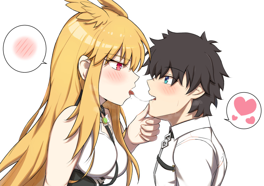 1boy, 1girl, absurdres, after_kiss, bare_shoulders, black_hair, blonde_hair, blue_eyes