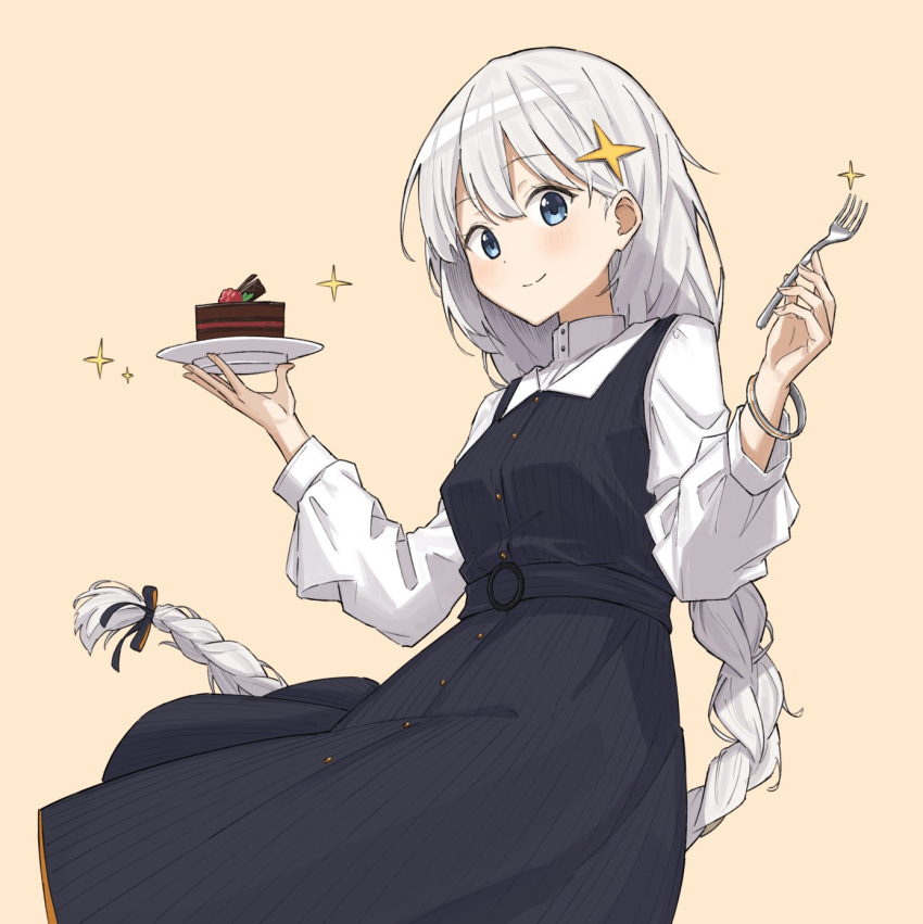 1girl, black_dress, blue_eyes, bracelet, braid, breasts, buttons, cake