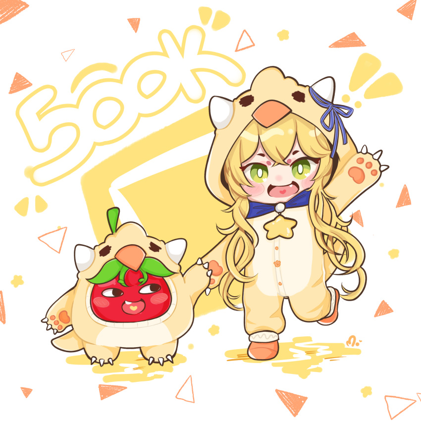 1girl, 1other, absurdres, animal_costume, blonde_hair, blush, chibi, commentary