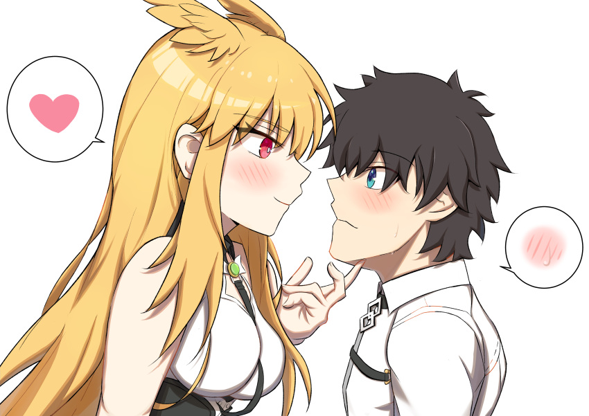 1boy, 1girl, absurdres, bare_shoulders, black_hair, blonde_hair, blue_eyes, blush