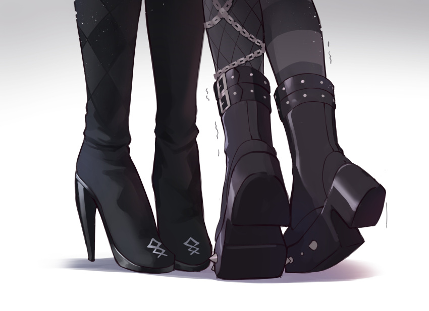 2girls, absurdres, black_footwear, boots, chain, feet_only, footwear_focus, height_difference
