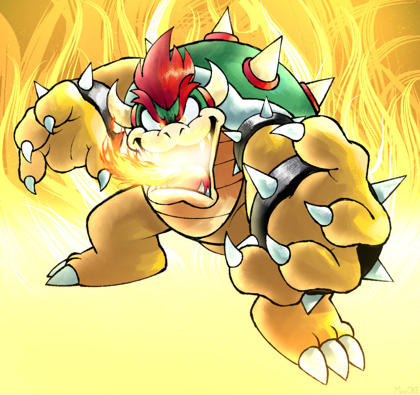 1boy, bowser, bracelet, breathing_fire, claws, fangs, fire, full_body