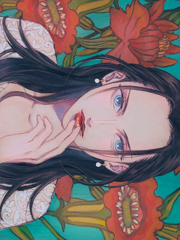 1girl, bad_id, bad_twitter_id, black_hair, blue_background, blue_eyes, close-up, dress, earrings, flower, jewelry, long_hair, looking_at_viewer, nico_robin, one_piece, red_lips, sidelocks, sleep_humubo, solo