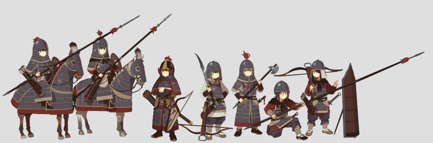 6+girls, armor, axe, barding, bow_(weapon), brown_horse, cavalry, chinese_empire