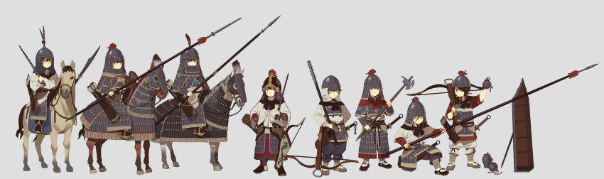 armor, armored_dress, arrow_(projectile), axe, barding, bow_(weapon), breastplate, brown_horse