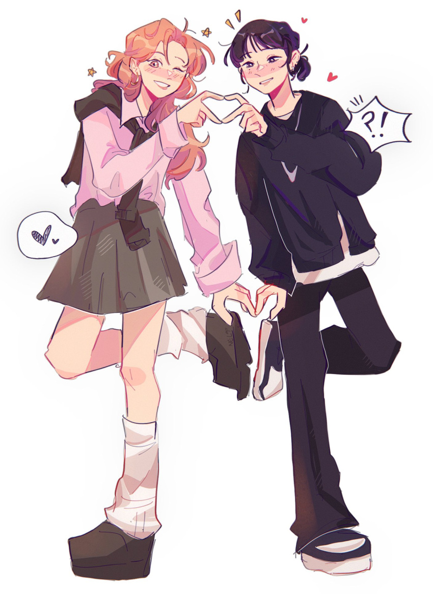 !?, 2girls, black_eyes, black_hair, blush, finger_touching, full_body, heart