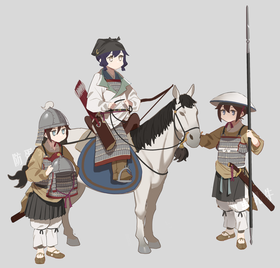 3girls, armor, black_hair, boots, bow_(weapon), breastplate, brown_footwear, brown_shirt