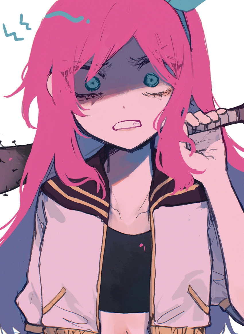 1girl, absurdres, aqua_eyes, aqua_headband, aubrey_(faraway)_(omori), aubrey_(omori), baseball_bat, black_sailor_collar