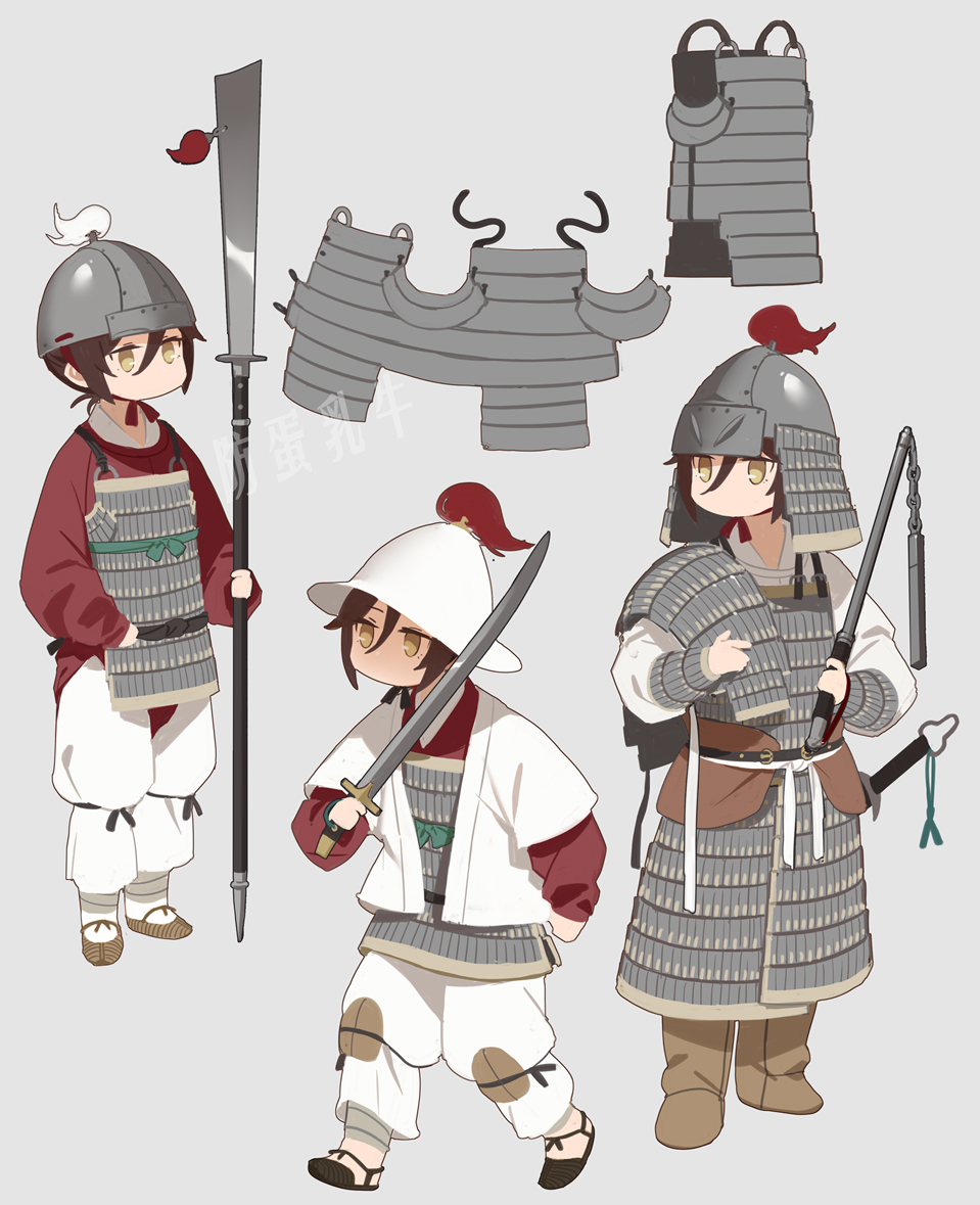 3girls, armor, chinese_armor, chinese_empire, fangdan_runiu, grey_background, helmet, holding, holding_mace, holding_polearm, holding_sword, holding_weapon, jitome, lamellar_armor, military, multiple_girls, original, plume, polearm, sheath, sheathed, simple_background, song_dynasty, sword, watermark, weapon, yuan_dynasty