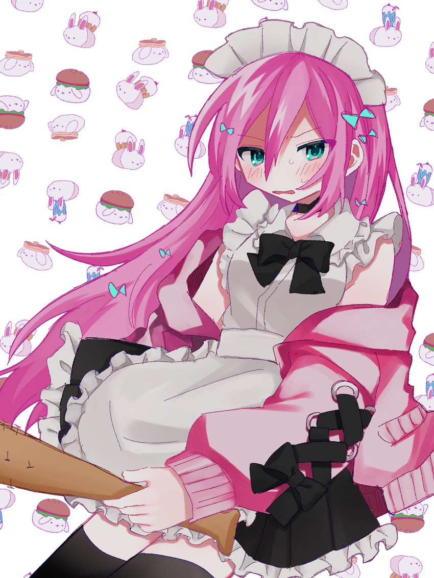 1girl, alternate_costume, annoyed, apron, aqua_bow, aqua_eyes, aubrey_(faraway)_(omori), aubrey_(omori)