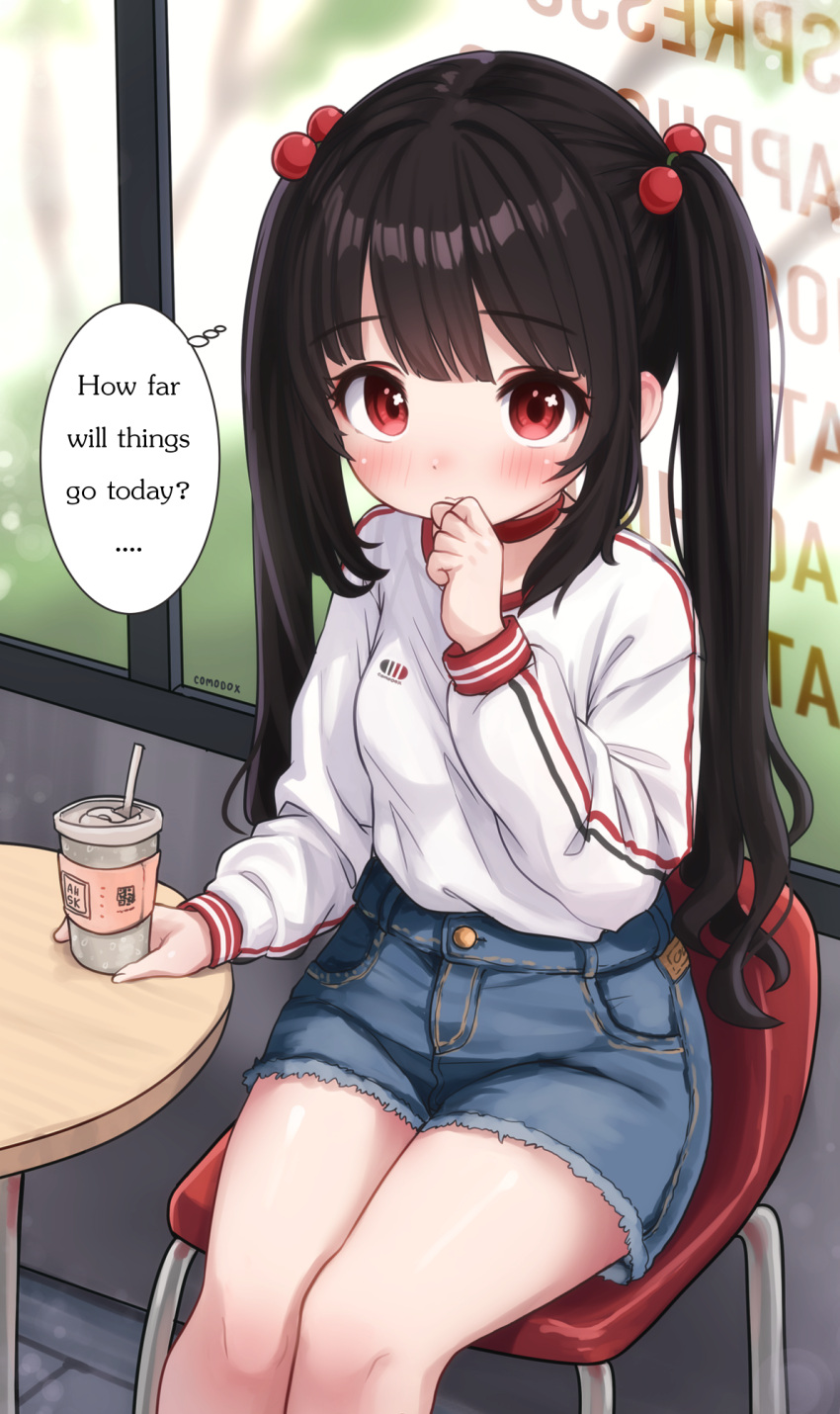 1girl, black_hair, blue_shorts, blush, breasts, choker, closed_mouth, coffee_cup