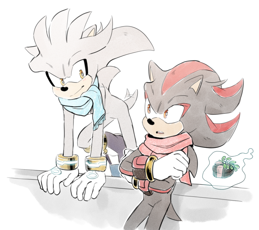 2boys, aimy_neko, animal_ears, animal_nose, black_footwear, black_fur, blue_scarf, blush