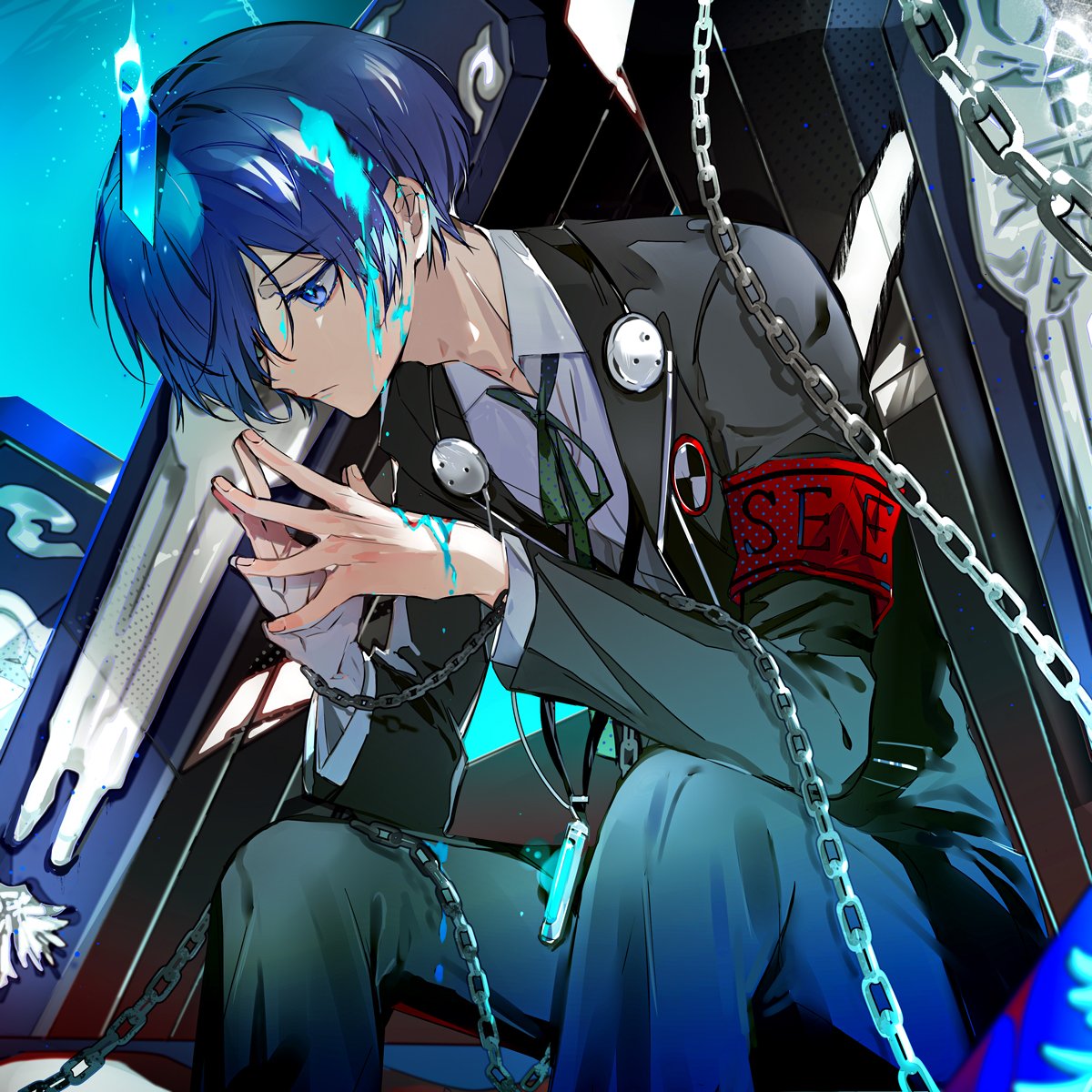 1boy, black_jacket, black_pants, black_ribbon, blue_eyes, blue_hair, chain, closed_mouth, collared_shirt, digital_media_player, feet_out_of_frame, gekkoukan_high_school_uniform, hair_over_one_eye, headphones, headphones_around_neck, highres, jacket, long_sleeves, looking_down, male_focus, neck_ribbon, open_clothes, open_jacket, own_hands_together, pants, persona, persona_3, ribbon, s.e.e.s, school_uniform, shirt, short_hair, sitting, suou_(sdurorhr), white_shirt, yuuki_makoto_(persona_3)