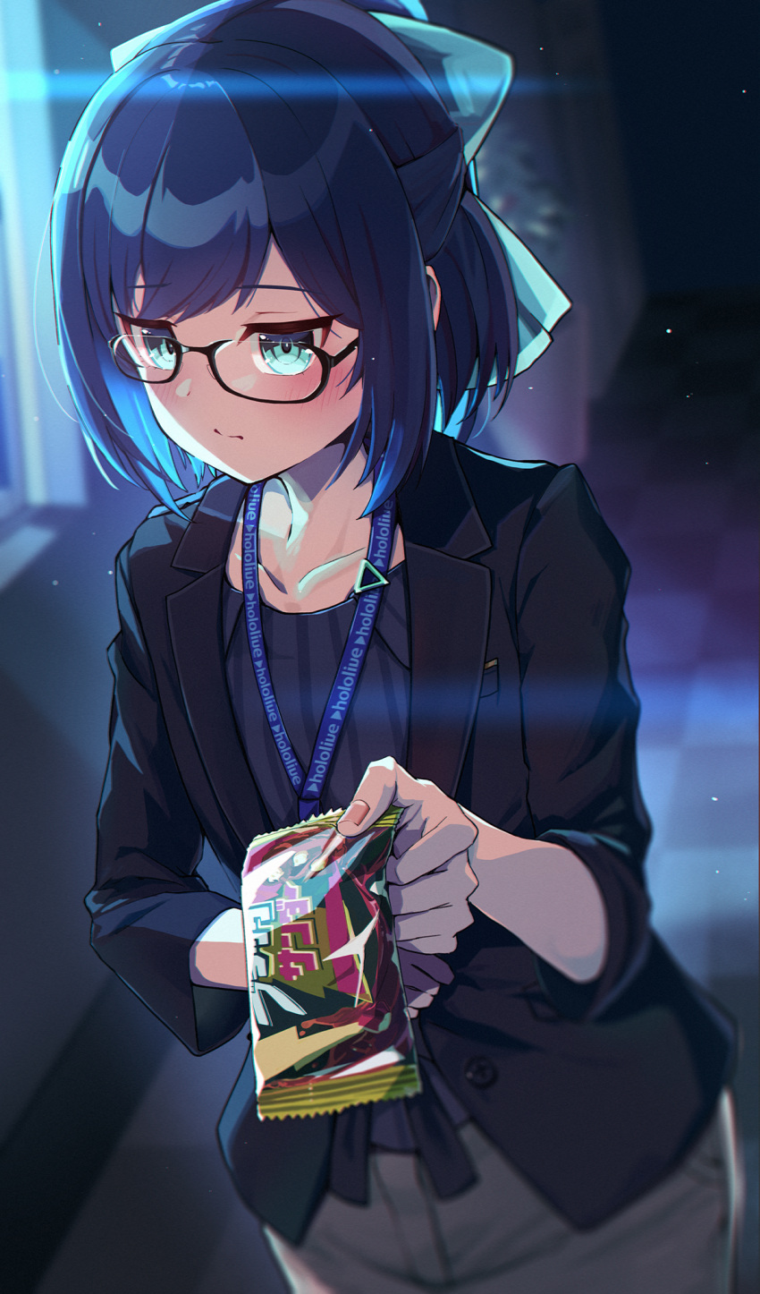 1girl, :/, a-chan_(2nd_costume)_(hololive), a-chan_(hololive), black-framed_eyewear, black_jacket, black_shirt, blue_bow, blue_eyes, blue_hair, blurry, blurry_background, blush, bow, closed_mouth, commentary_request, copyright_name, fingernails, glasses, grey_pants, hair_bow, highres, holding, hololive, indoors, jacket, lanyard, looking_to_the_side, night, office_lady, official_alternate_costume, open_clothes, open_jacket, outstretched_arm, pants, shara_(syara_so_ju), shirt, short_hair, sleeves_past_elbows, solo, split_mouth, suit_jacket, swept_bangs, virtual_youtuber, window