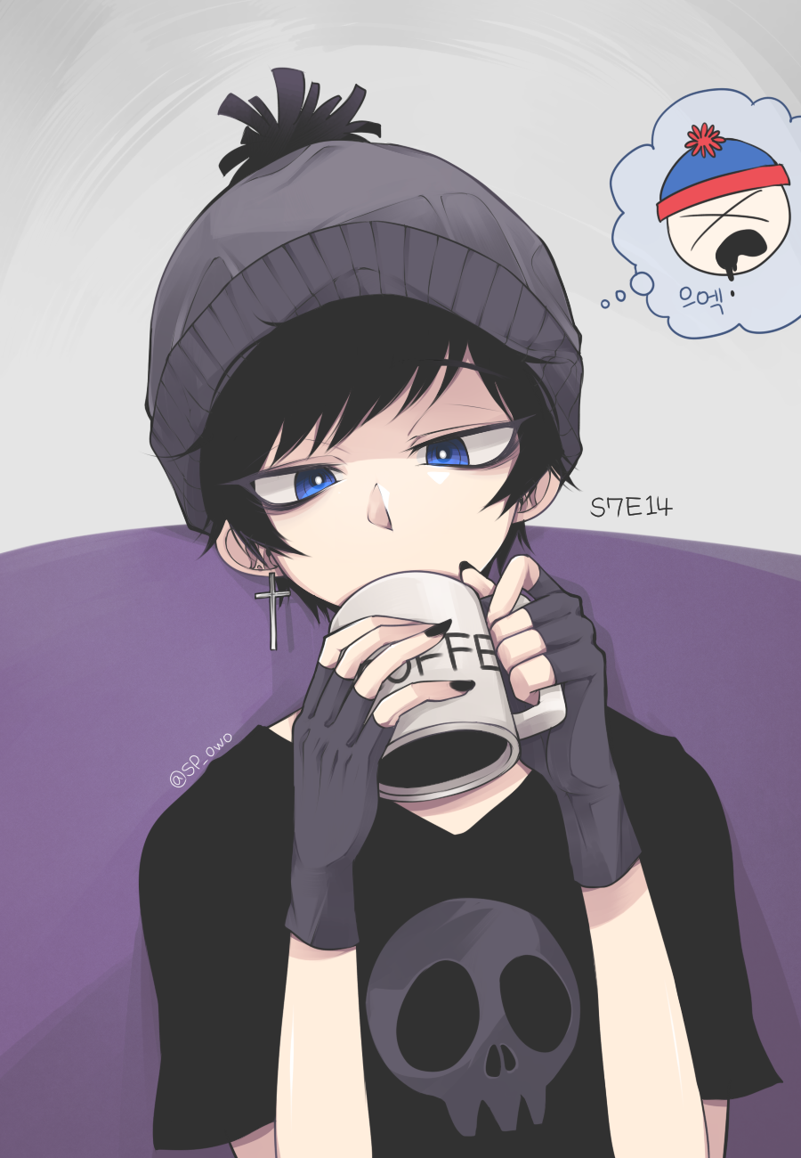 1boy, beanie, black_hair, blue_eyes, cross, cross_earrings, cup, earrings
