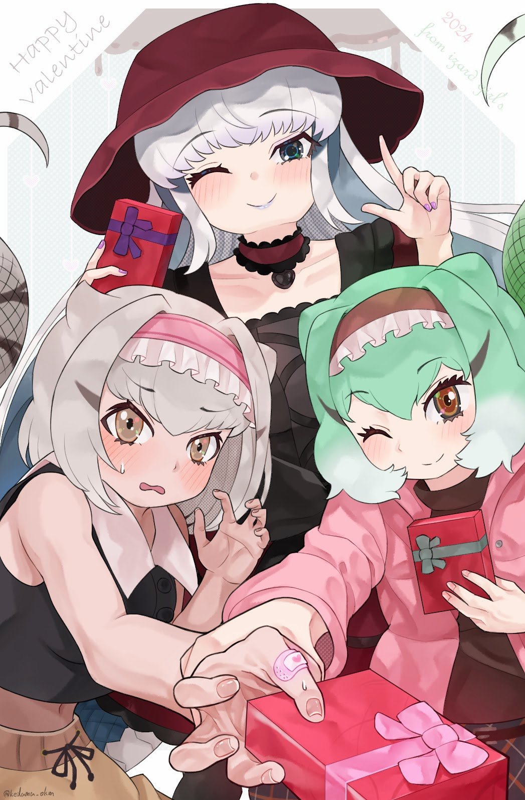 3girls, bandaid, bare_shoulders, black_dress, black_shirt, blue_eyes, blue_hair, blue_lips, blush, box, brown_eyes, brown_hairband, brown_skirt, brown_sweater, casual, chinese_water_dragon_(kemono_friends), choker, collarbone, collared_shirt, dress, frilled_choker, frilled_hairband, frilled_lizard_(ex)_(kemono_friends), frills, gift, gift_box, green_hair, grey_hair, hair_between_eyes, hairband, highres, hood, hoodie, kedama_(ughugjydthjdf), kemono_friends, komodo_dragon_(kemono_friends), lizard_tail, long_hair, long_sleeves, midriff_peek, multiple_girls, navel, official_alternate_costume, one_eye_closed, pink_hairband, pink_hoodie, plaid, plaid_skirt, pov, reaching, reaching_towards_viewer, red_choker, red_headwear, red_skirt, reptile_girl, scales, shirt, short_hair, sidelocks, skirt, sleeveless, smile, sweatdrop, sweater, tail, turtleneck, turtleneck_sweater, valentine, wavy_mouth, yellow_eyes