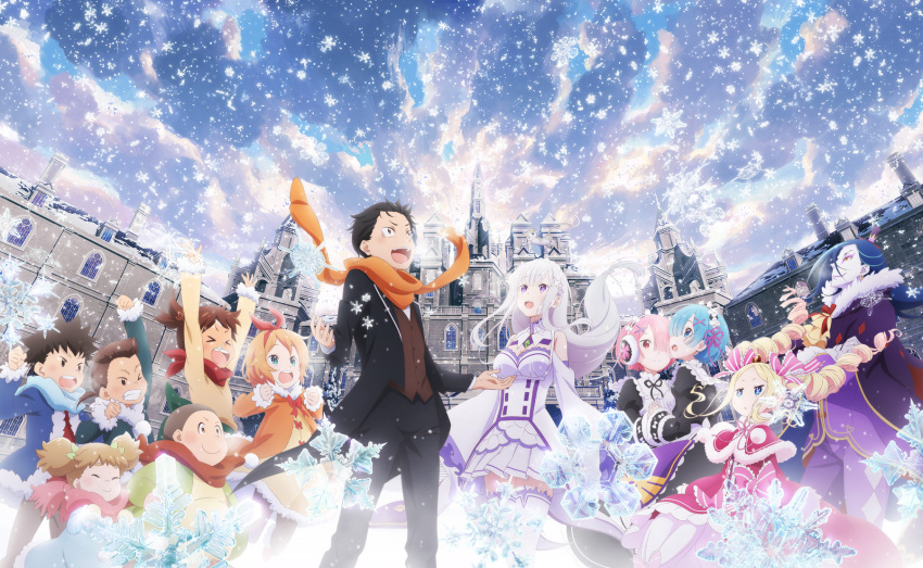 beatrice_(re:zero), emilia_(re:zero), highres, long_hair, multiple_boys, multiple_girls, natsuki_subaru, natsumi_schwarz, official_art, open_mouth, orange_hair, petra_leyte, ram_(re:zero), re:zero_kara_hajimeru_isekai_seikatsu, red_ribbon, rem_(re:zero), ribbon, roswaal_l._mathers, roswaal_mansion_maid_uniform, roswell_l._mathers, short_hair