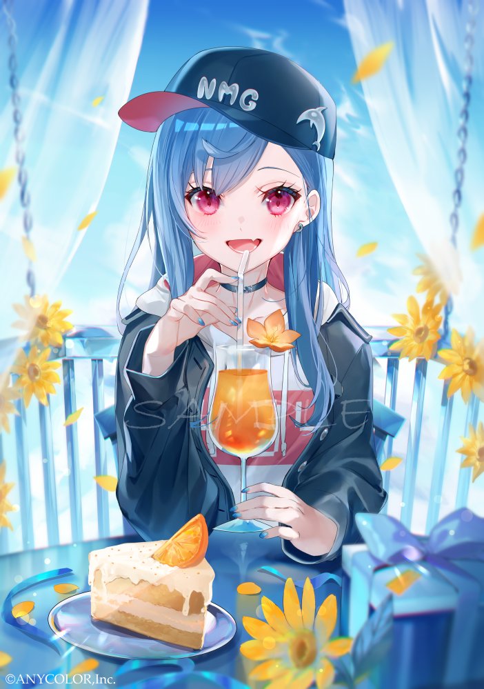 1girl, alternate_costume, alternate_hair_length, alternate_hairstyle, baseball_cap, black_headwear, black_jacket, blue_hair, blue_nails, blush, box, cake, cake_slice, chair, collarbone, copyright_name, dolphin_hat_ornament, dot_nose, drawstring, drinking_straw, ear_piercing, falling_petals, fang, flower, food, fruit, gift, gift_box, hat, hat_ornament, hood, hood_down, hoodie, jacket, liquid, long_hair, long_sleeves, looking_at_viewer, miwano_rag, nail_polish, nijisanji, nishizono_chigusa, nishizono_chigusa_(2nd_costume), official_alternate_costume, official_alternate_hair_length, official_alternate_hairstyle, official_art, open_clothes, open_jacket, open_mouth, orange_(fruit), orange_slice, petals, piercing, plate, sample_watermark, sitting, solo, table, tongue, violet_eyes, virtual_youtuber, watermark, white_hoodie, yellow_flower, yellow_petals