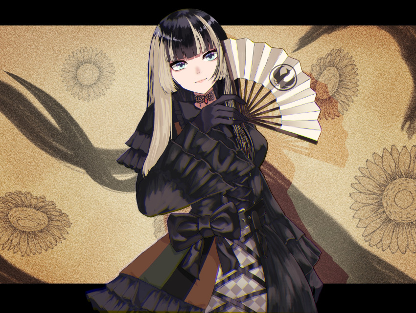 1girl, black_bow, black_choker, black_dress, black_eyeliner, black_gloves, black_hair, blue_eyes