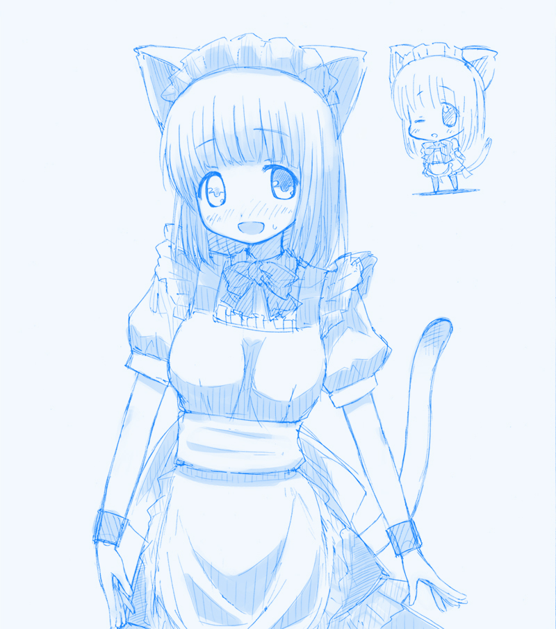 blue, cat_ears, face, fukuji_mihoko, heterochromia, kirigaya_yuuji, maid, monochrome