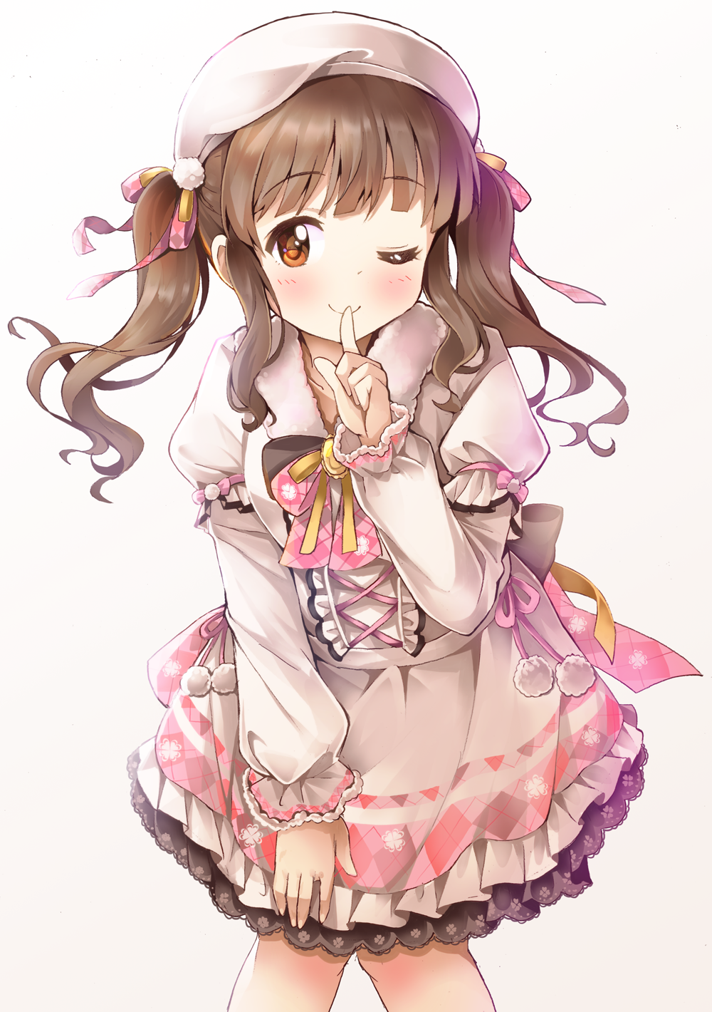 1girl, back_bow, blush, bow, brooch, brown_eyes, brown_hair, center_cross_lace