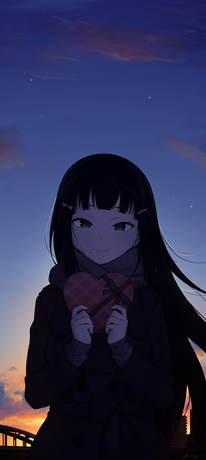 1girl, absurdres, aqua_eyes, backlighting, black_hair, blunt_bangs, blush, bow