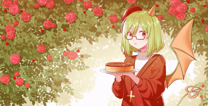 1girl, beret, cake, cross, cross_necklace, demon_girl, demon_tail, demon_wings