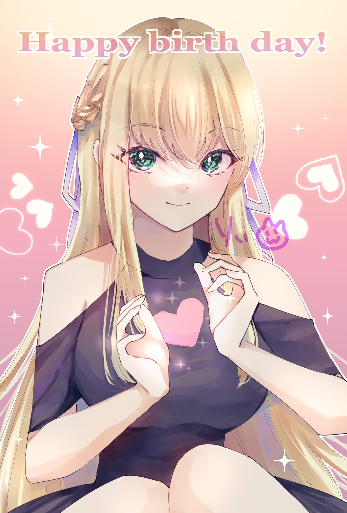 1girl, 2024, alternate_costume, bare_shoulders, black_dress, blonde_hair, blue_ribbon, blush, braid, breasts, closed_mouth, commentary_request, dated_commentary, dress, eyelashes, eyes_visible_through_hair, formal, french_braid, green_eyes, hair_ribbon, hands_up, happy_birthday, heart, heaven_burns_red, highres, large_breasts, long_hair, looking_at_viewer, off-shoulder_dress, off_shoulder, ribbon, rin_0101010, signature, sitting, smile, solo, sparkle, straight_hair, toujou_tsukasa, tsurime, upper_body, very_long_hair