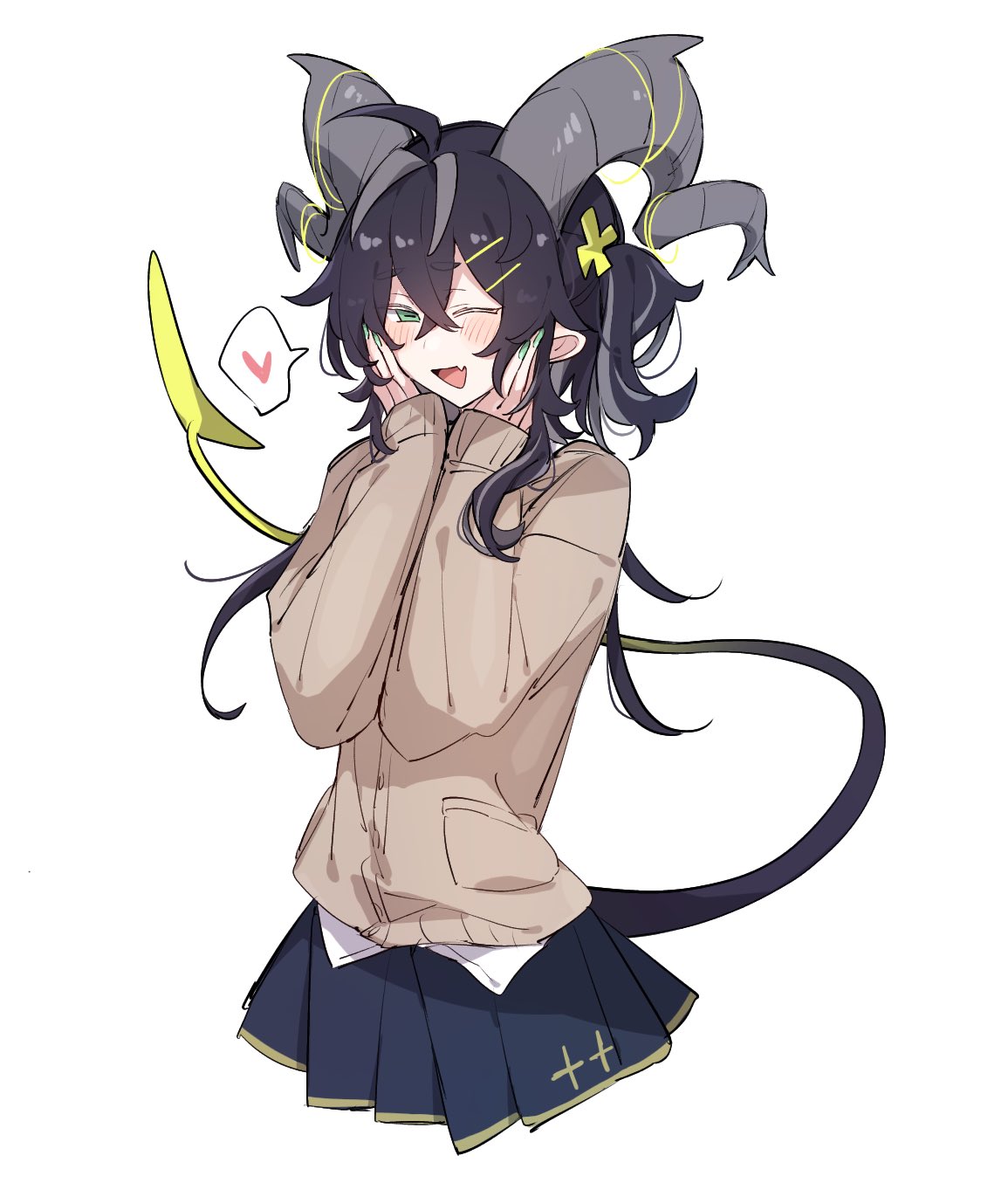 1boy, antenna_hair, azuma_shino, black_hair, blush, brown_sweater, commentary, demon_horns