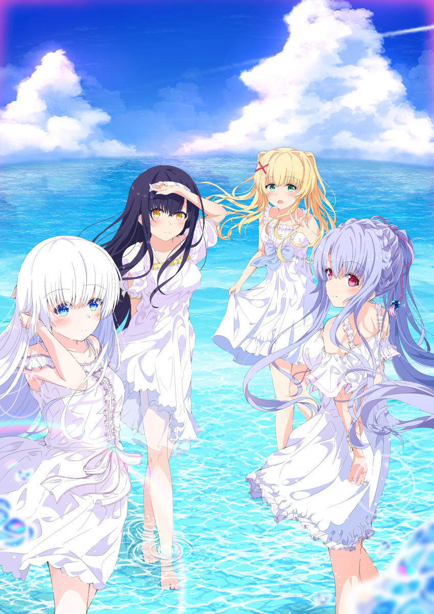 4girls, absurdres, adjusting_hair, alternate_hairstyle, arms_behind_back, barefoot, black_hair, blonde_hair, blue_bow, blue_eyes, blue_hair, blue_sky, blurry, blush, bow, braid, center_frills, closed_mouth, clouds, collarbone, commentary_request, crown_braid, cumulonimbus_cloud, day, depth_of_field, dress, dress_bow, eyes_visible_through_hair, feet_out_of_frame, floating_hair, frilled_dress, frills, green_eyes, hair_between_eyes, hair_intakes, hair_ornament, hairband, hand_up, highres, horizon, kushima_kamome, kyamiuu, lens_flare, long_hair, looking_at_viewer, multiple_girls, naruse_shiroha, ocean, off-shoulder_dress, off_shoulder, outdoors, ponytail, red_eyes, ripples, short_sleeves, sidelocks, skirt_hold, sky, sleeveless, sleeveless_dress, smile, sorakado_ao, split_mouth, standing, summer, summer_pockets, sundress, tsumugi_wenders, twintails, very_long_hair, water, water_drop, white_dress, white_hair, white_hairband, x_hair_ornament, yellow_eyes