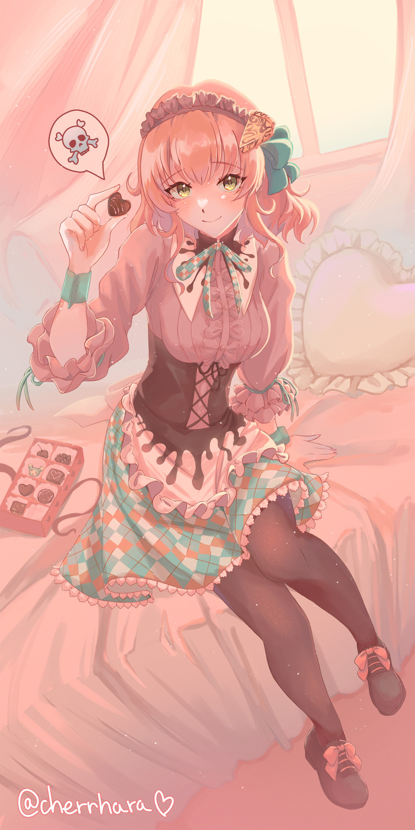 1girl, absurdres, artist_name, blonde_hair, box, box_of_chocolates, candy, cherrhara