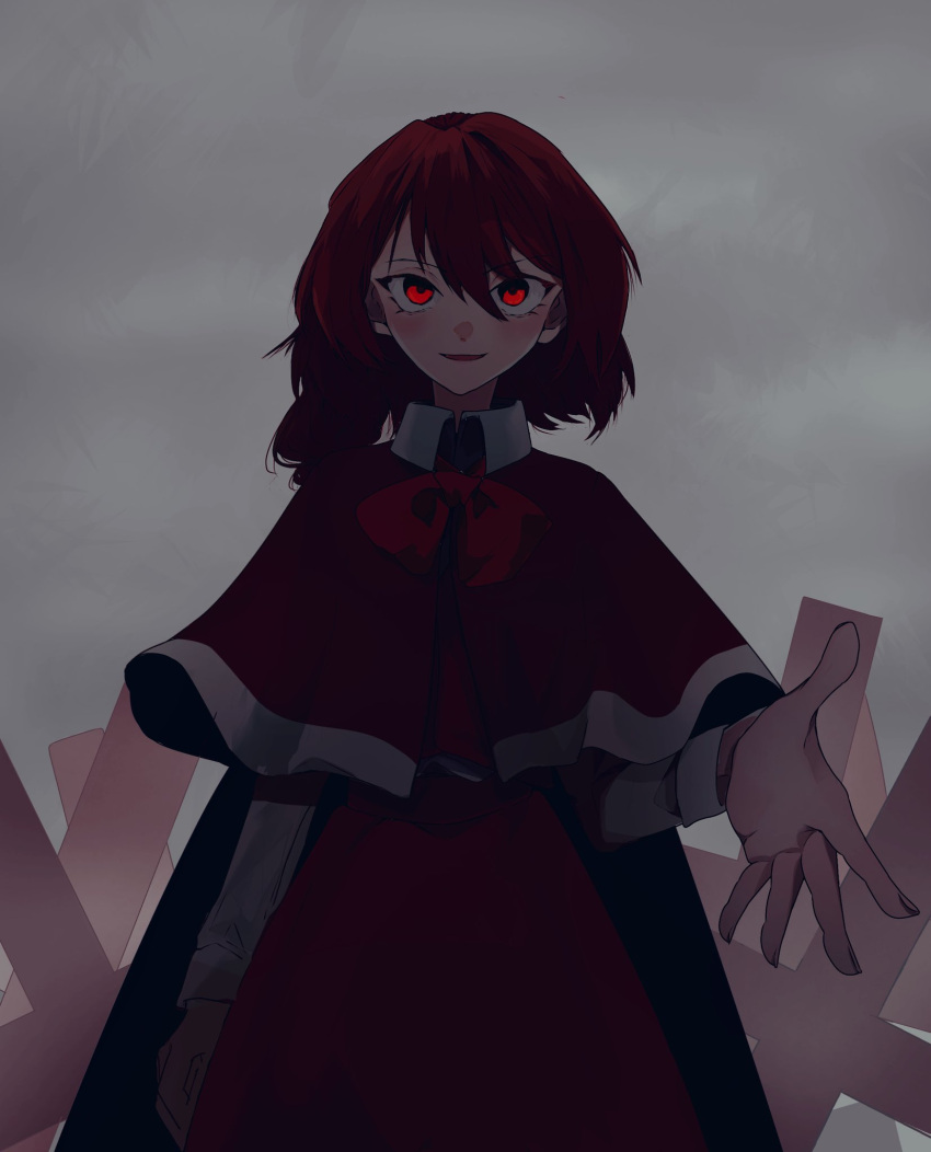 1girl, bow, bowtie, cape, capelet, cowboy_shot, cross, glowing