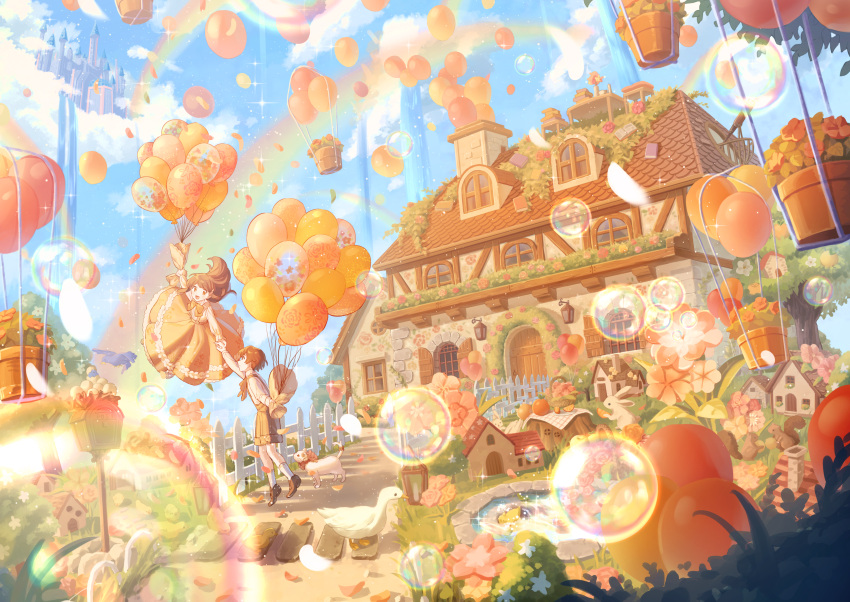 1boy, 1girl, absurdres, animal, balloon, bird, brown_eyes, brown_hair