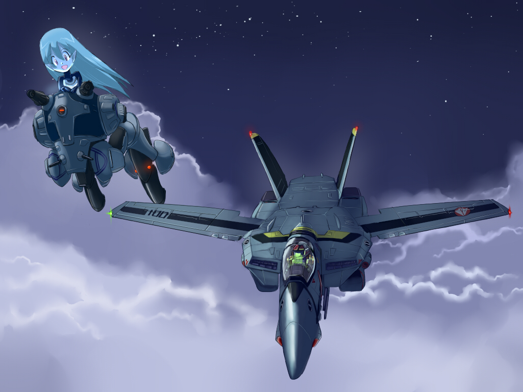 armor, choujikuu_yousai_macross, cloud, clouds, cockpit, couple, esbeliben, flightsuit