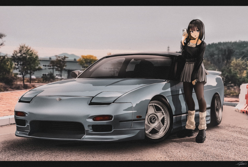 1girl, black_eyes, black_footwear, black_hair, black_pantyhose, black_shirt, car, cellphone