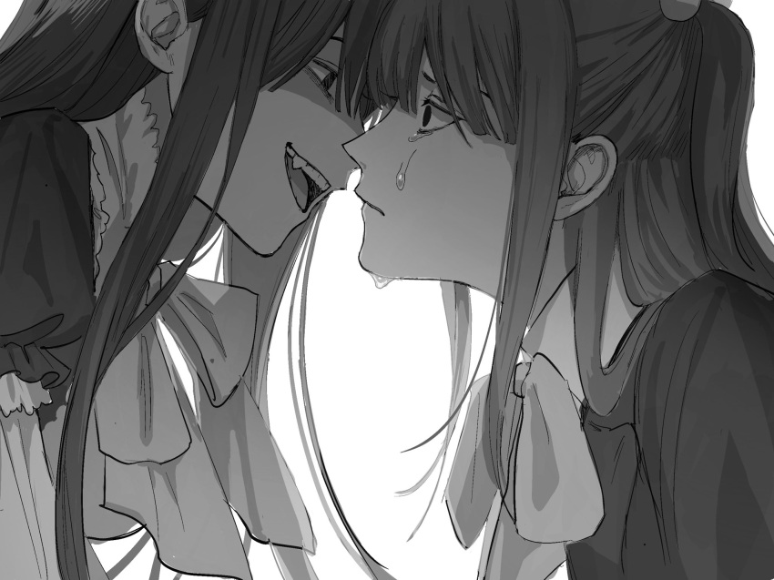 2girls, blunt_bangs, bow, closed_mouth, collared_shirt, crying, crying_with_eyes_open, dress