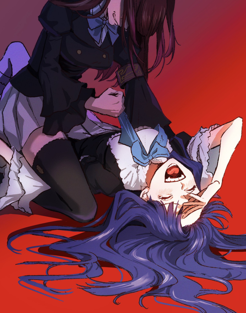 2girls, angry, armband, black_thighhighs, blue_hair, bow, breasts, clenched_hand