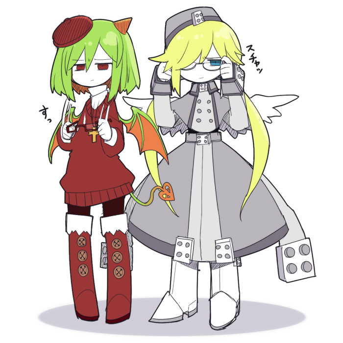 2girls, adjusting_eyewear, angel, angel_wings, beret, blue_eyes, boots, buttons