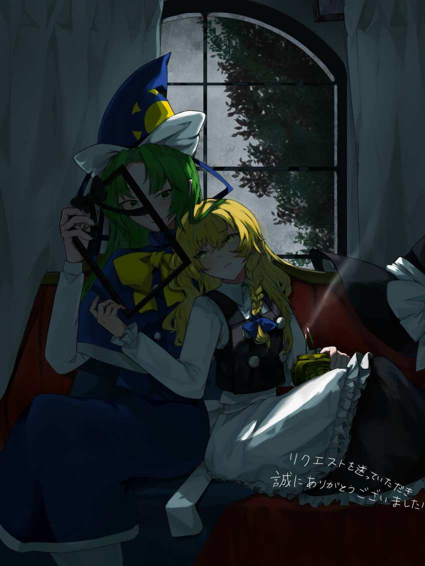 2girls, apron, black_skirt, black_vest, blonde_hair, blue_bow, blue_capelet, blue_dress