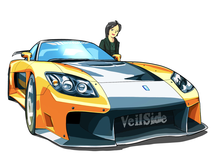 1boy, absurdres, animification, black_eyes, black_hair, car, goldframe, green_jacket