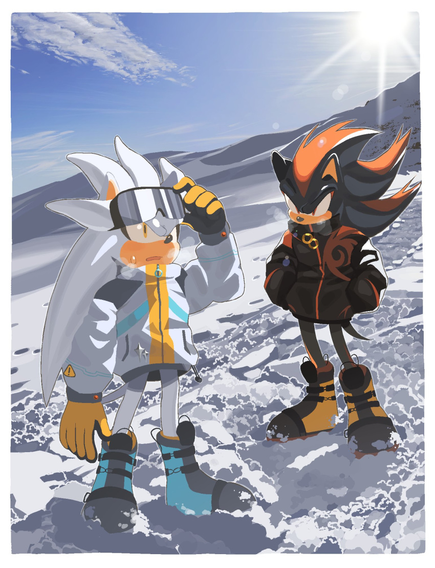 2boys, animal_ears, animal_nose, arm_up, black_coat, black_footwear, black_fur, black_gloves, blue_footwear, blue_sky, boots, border, chzzei, clouds, cloudy_sky, coat, covered_mouth, day, english_commentary, full_body, furry, furry_male, gloves, goggles, goggles_on_head, grey_footwear, hands_in_pockets, hedgehog, hedgehog_ears, hedgehog_tail, highres, long_sleeves, looking_at_another, looking_up, male_focus, mountain, multiple_boys, open_mouth, orange_footwear, orange_gloves, outdoors, puffy_long_sleeves, puffy_sleeves, red_eyes, red_fur, shadow_the_hedgehog, silver_the_hedgehog, sky, snow, sonic_(series), standing, steam, sun, sweatdrop, tail, two-tone_footwear, two-tone_fur, two-tone_gloves, white_border, white_coat, white_fur, winter, winter_clothes, yellow_eyes, zipper