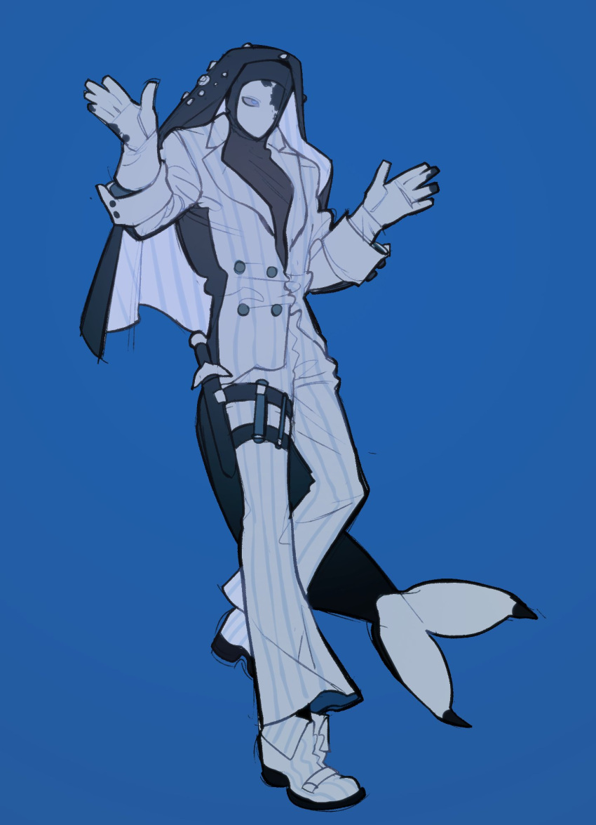 1boy, blue_background, blue_eyes, body_markings, cetacean_tail, coif, collared_jacket, colored_sclera, colored_skin, dagger, fins, fish_tail, full_body, gloves, grey_footwear, grey_gloves, grey_jacket, grey_pants, grey_sclera, grey_skin, hands_up, highres, holster, jacket, knife, korean_commentary, looking_to_the_side, male_focus, no_mouth, one-eyed, original, pants, sasi_mozzi1, sheath, sheathed, shirt, simple_background, solo, standing, striped_clothes, striped_footwear, striped_pants, striped_shirt, striped_suit, suit, tail, thigh_holster, veil, vertical-striped_footwear, weapon, whale_boy
