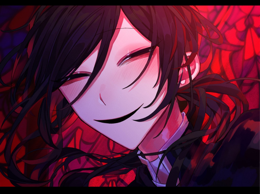 1boy, black_eyes, black_hair, cassock, crazy_eyes, crazy_smile, evil_smile, highres, himanemuitoma, low_ponytail, messy_hair, narrowed_eyes, orthodoxia_(vocaloid), red_background, smile, swept_bangs, tadashi_kunai, turtleneck, vocaloid